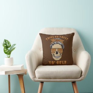 TRICK OR TREAT YO' SELF funny halloween mum skull  Cushion