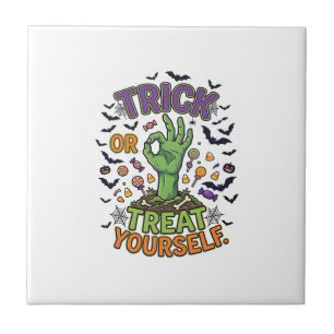 Trick Or Treat Yourself Zombie Hand Halloween Cand Ceramic Tile