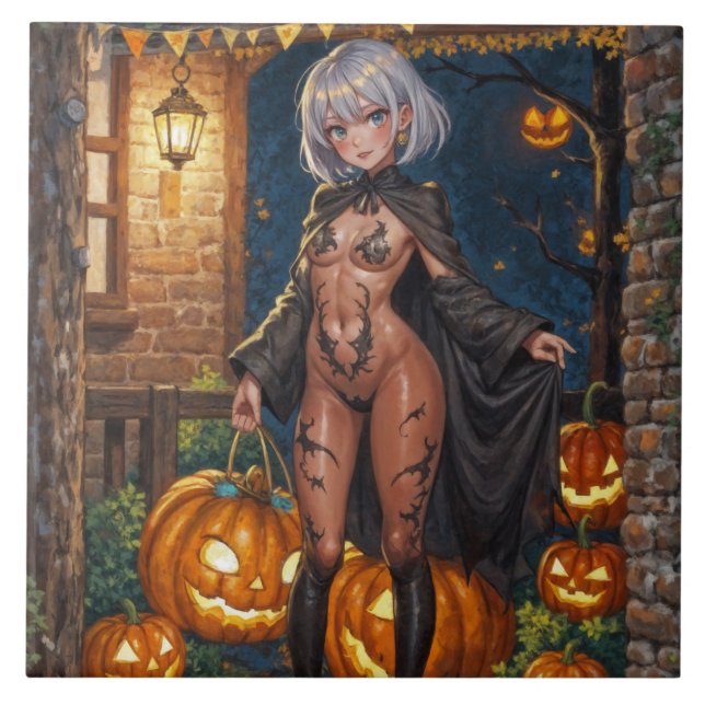 Trick or Treater, Brave Halloween Costume Girl Ceramic Tile (Front)