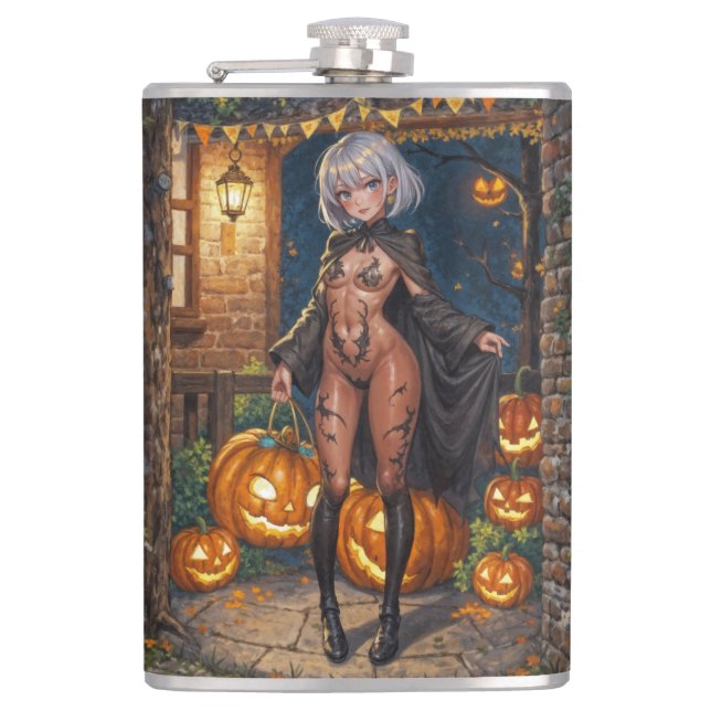 Trick or Treater, Brave Halloween Costume Girl Hip Flask (Front)