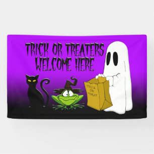 Trick or Treaters Welcome Halloween Purpl Banner
