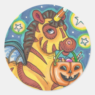 TRICK OR TREATING BAT WING ZEBRA, CUTE HALLOWEEN CLASSIC ROUND STICKER