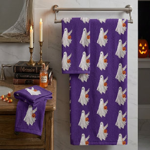 Trick Or Treating Ghost With Pumpkin Candy Bucket Bath Towel Set