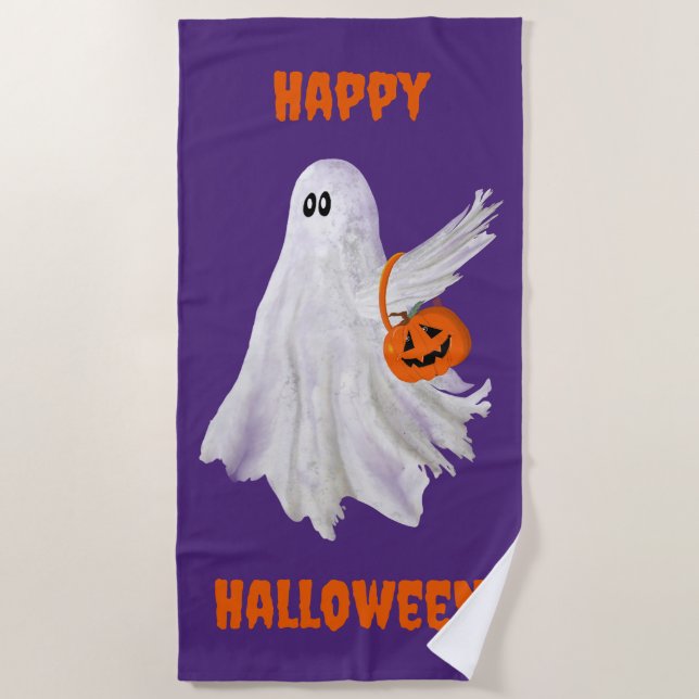 Trick Or Treating Ghost With Pumpkin Candy Bucket Beach Towel (Front)