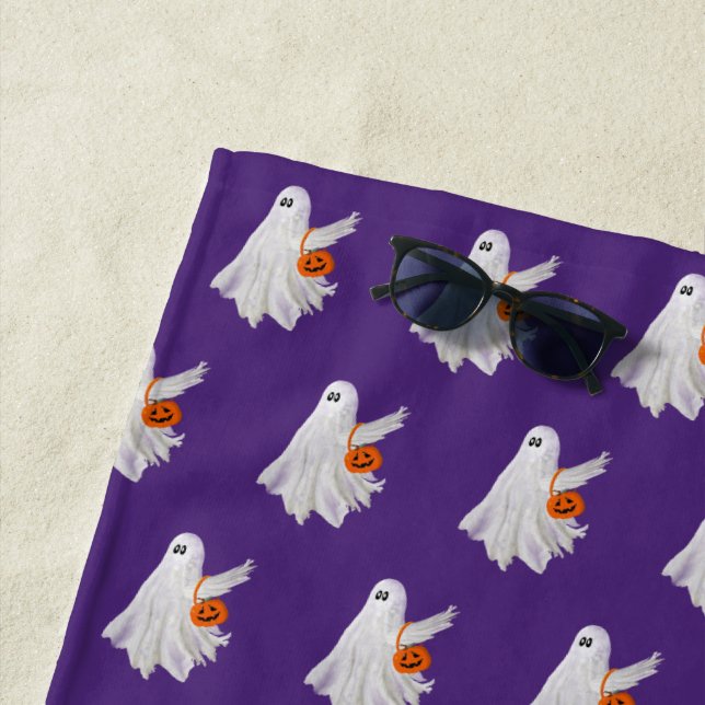 Trick Or Treating Ghost With Pumpkin Candy Bucket Beach Towel (In Situ)