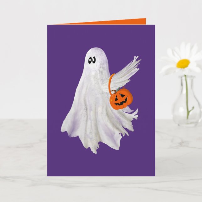Trick Or Treating Ghost With Pumpkin Candy Bucket Card (Small Plant)