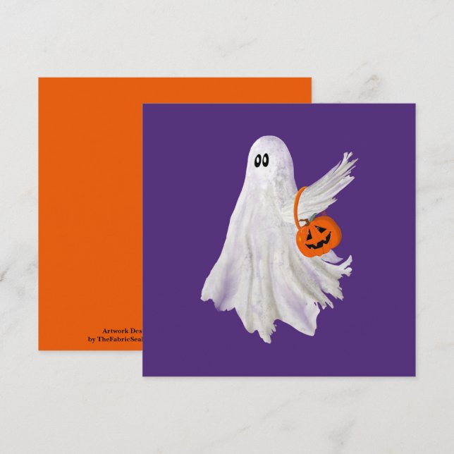 Trick Or Treating Ghost With Pumpkin Candy Bucket Card (Front/Back)