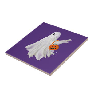 Trick Or Treating Ghost With Pumpkin Candy Bucket  Ceramic Tile