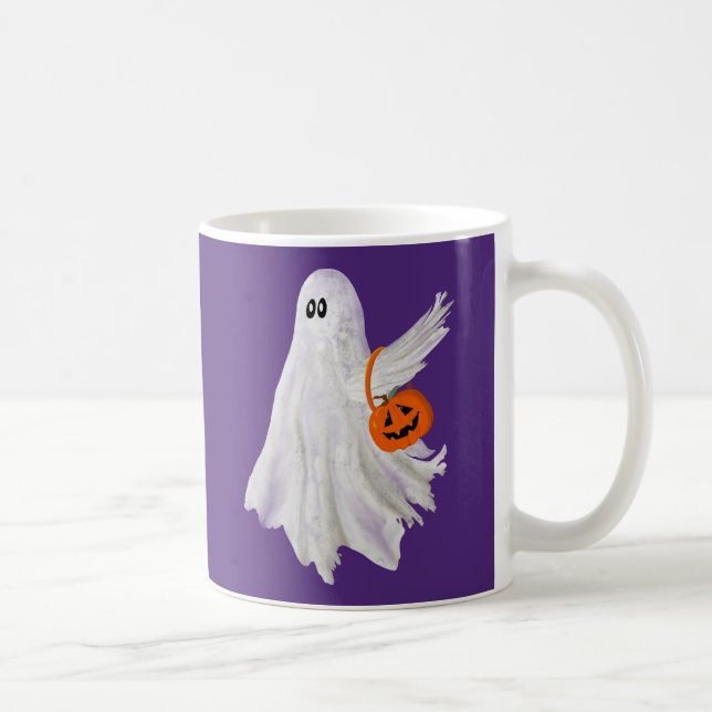 Trick Or Treating Ghost With Pumpkin Candy Bucket Coffee Mug (Right)