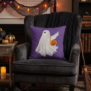Trick Or Treating Ghost With Pumpkin Candy Bucket Cushion