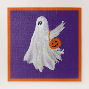 Trick Or Treating Ghost With Pumpkin Candy Bucket Jigsaw Puzzle