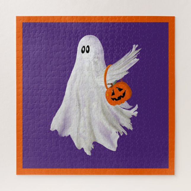 Trick Or Treating Ghost With Pumpkin Candy Bucket Jigsaw Puzzle (Vertical)