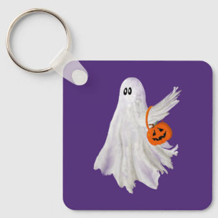 Trick Or Treating Ghost With Pumpkin Candy Bucket Key Ring