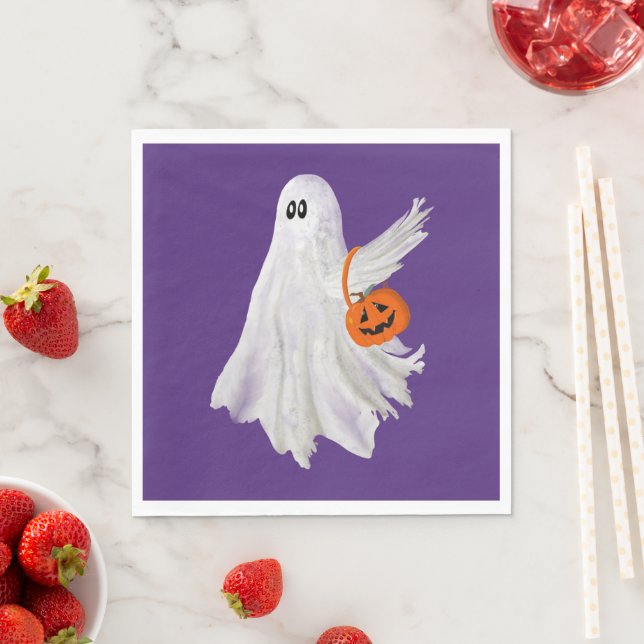 Trick Or Treating Ghost With Pumpkin Candy Bucket Napkin (Insitu)