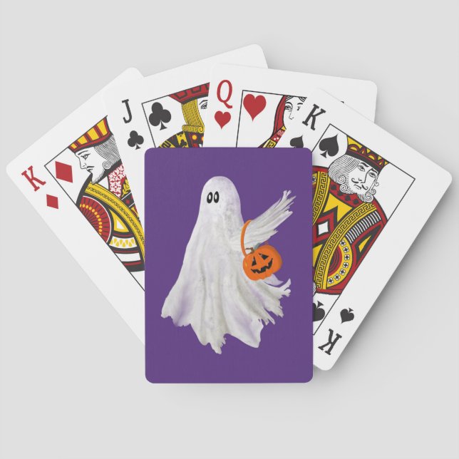 Trick Or Treating Ghost With Pumpkin Candy Bucket Playing Cards (Back)