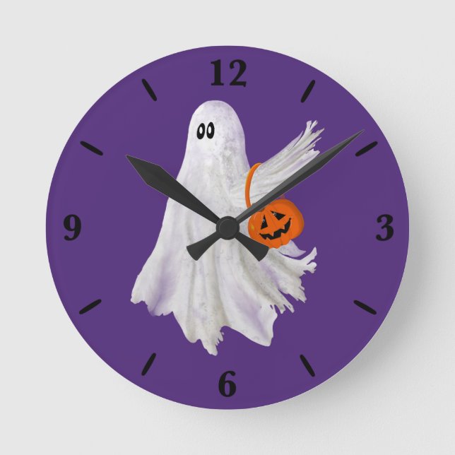 Trick Or Treating Ghost With Pumpkin Candy Bucket Round Clock (Front)