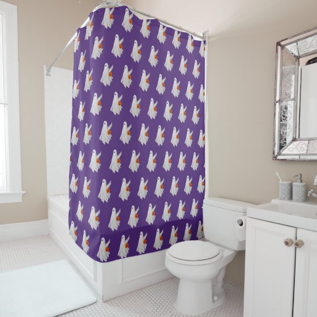 Trick Or Treating Ghost With Pumpkin Candy Bucket Shower Curtain (In Situ)