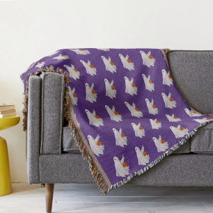 Trick Or Treating Ghost With Pumpkin Candy Bucket Throw Blanket