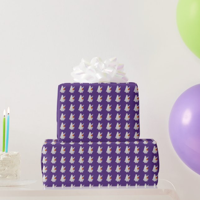 Trick Or Treating Ghost With Pumpkin Candy Bucket Wrapping Paper (Party Gifts)
