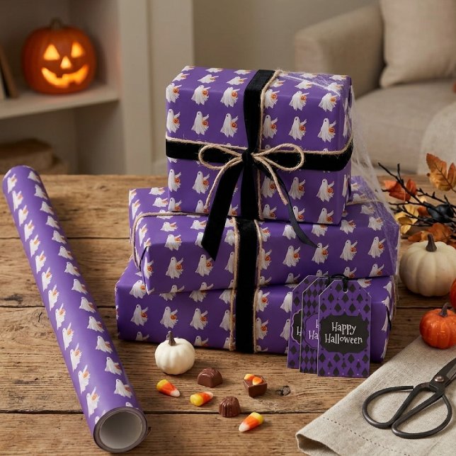 Trick Or Treating Ghost With Pumpkin Candy Bucket Wrapping Paper (Creator Uploaded)