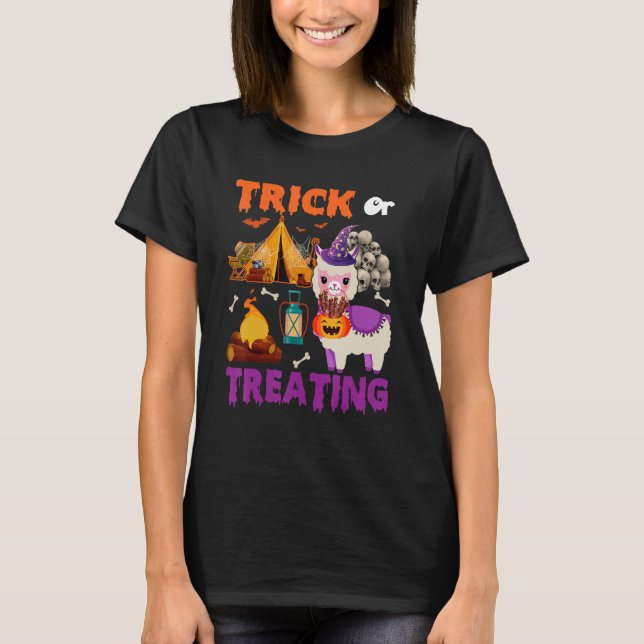 Trick Or Treating Halloween Llama Camping Scary Sk T-Shirt (Front)