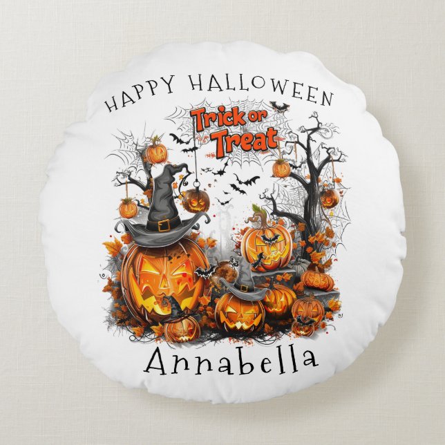 Trick or Treats I Halloween Pumpkin Round Cushion (Front)