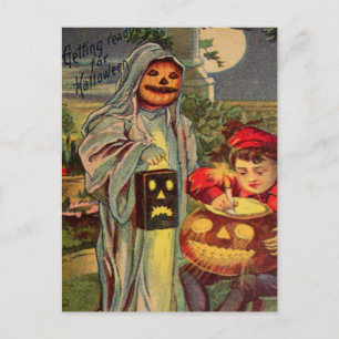 Trick R' Treat Ghost Jack O Lantern Pumpkin Postcard