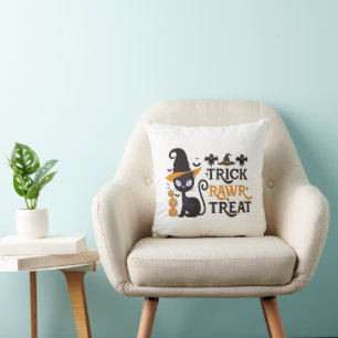 Trick Rawr Treat Black Cat White Halloween Cushion