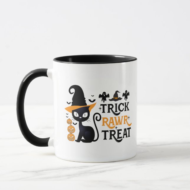Trick Rawr Treat Black Cat Witches Hat Halloween Mug (Left)