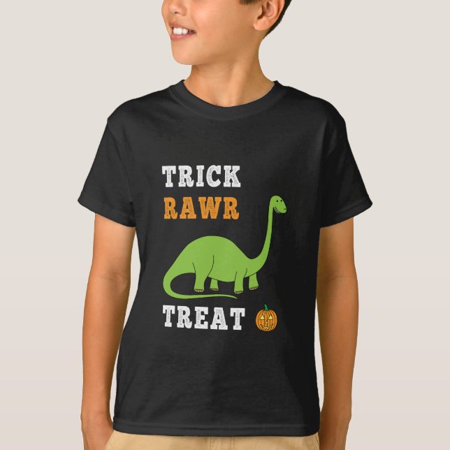 Trick Rawr Treat Cute Halloween Brontosaurus Dino T-Shirt (Front)