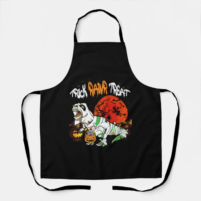 Trick Rawr Treat Halloween Dinosaur T Rex Pumpkin Apron (Front)