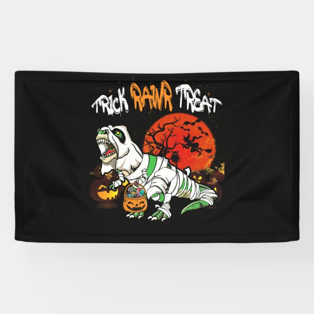 Trick Rawr Treat Halloween Dinosaur T Rex Pumpkin Banner (Horizontal)