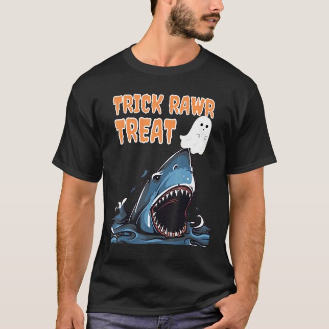 Trick Rawr Treat Scary Shark Chasing Ghost Hallowe T-Shirt (Front)