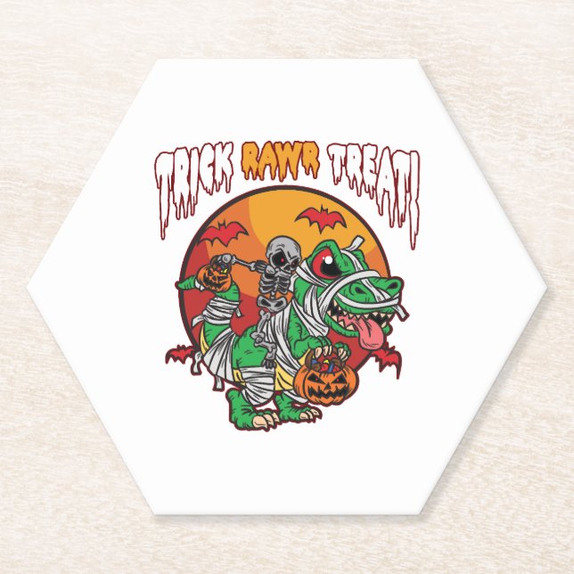 Trick Rawr Treat Spooky Halloween Dinosaur Paper Coaster (Front)