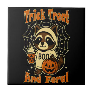 Trick Treat and Feral Cute Halloween Ceramic Tile