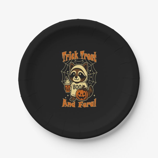 Trick Treat and Feral Cute Halloween Paper Plate (Front)