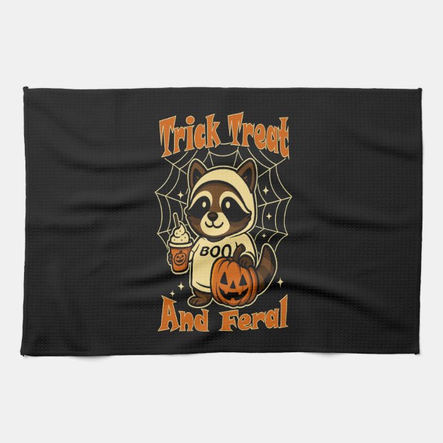 Trick Treat and Feral Cute Halloween Tea Towel (Horizontal)