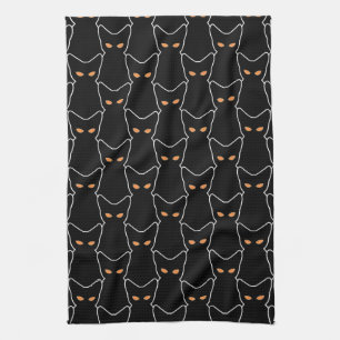 Trick Treat Black Kitty Cat   Spooky Halloween Tea Towel