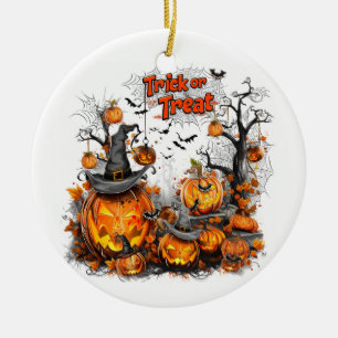 Tricks or Treats I Pumpkin and Bats  Ceramic Ornament