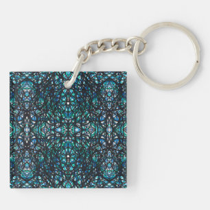 Trickster Blue Green Black Abstract India Ink Art Key Ring