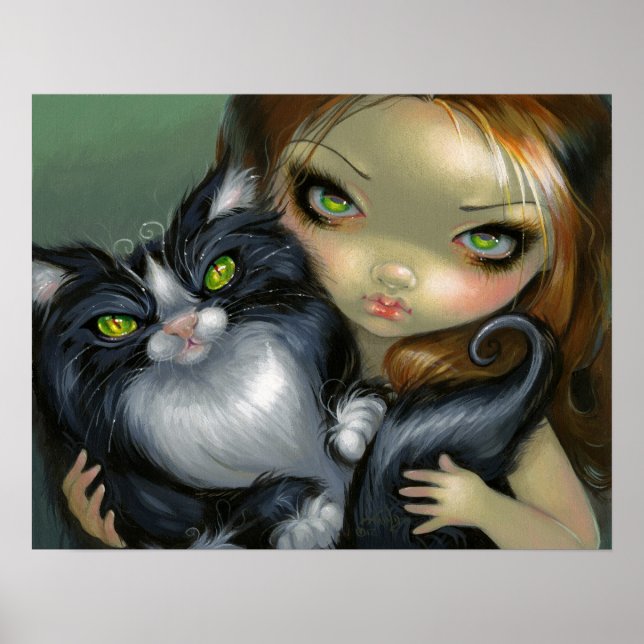 Tricksy Tuxedo Cat ART PRINT big eye cat fairy (Front)
