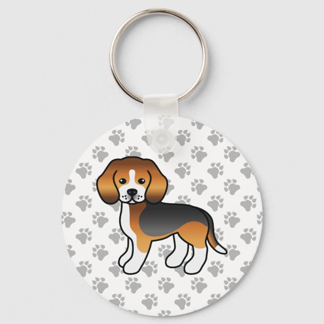 Tricolor Beagle Dog Cute Illustration & Paws Key Ring (Front)