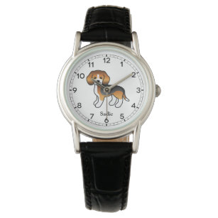 Tricolor Beagle Dog Illustration & Custom Name Watch