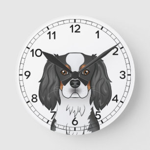 Tricolor Cavalier King Charles Spaniel Dog Head Round Clock