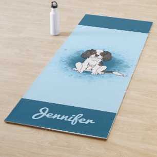 Tricolor Cavalier King Charles Spaniel Dog On Blue Yoga Mat