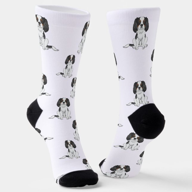 Tricolor Cavalier King Charles Spaniel Dog Pattern Socks (Angled)