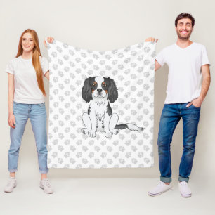 Tricolor Cavalier King Charles Spaniel Dog & Paws Fleece Blanket