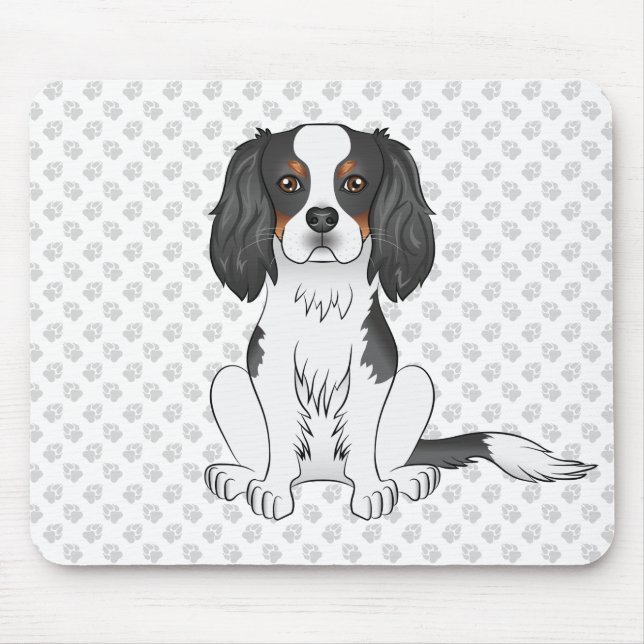 Tricolor Cavalier King Charles Spaniel Dog & Paws Mouse Pad (Front)