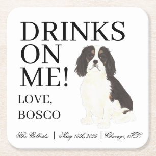 Tricolor Cavalier King Charles Spaniel Wedding Square Paper Coaster