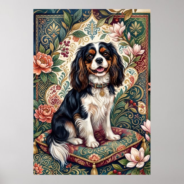 Tricolor Cavalier Spaniel Floral Folk Art Poster (Front)